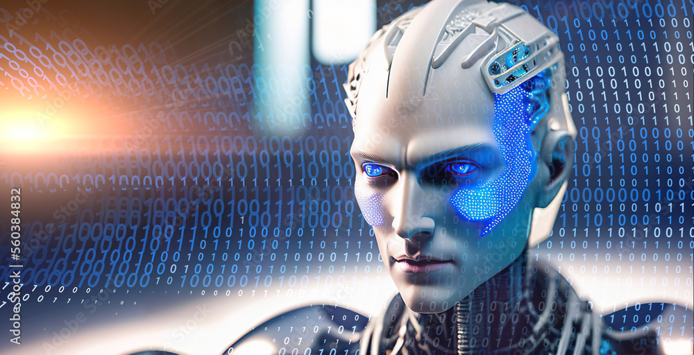 Poster artificial intelligence. ai head with neural network brain. man face in cyberspace. machine learning