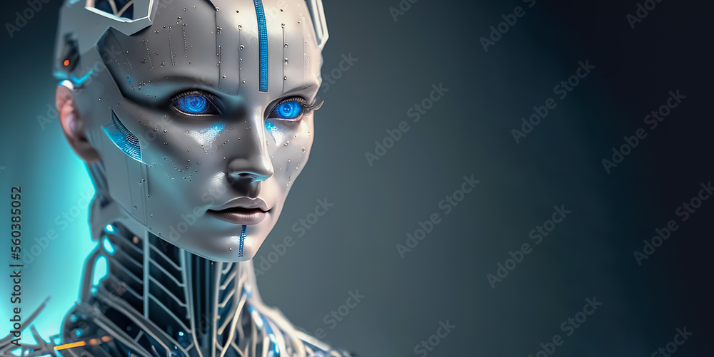 Poster head of anthropomorphic cyborg robot. portrait of artificial intelligence. artificial intelligence, 