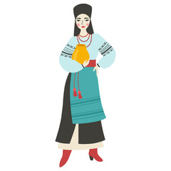 Ukrainian woman in national dress with a jug. Vector illustration of a character in a simple cartoon hand drawn style. Isolate on a white background.