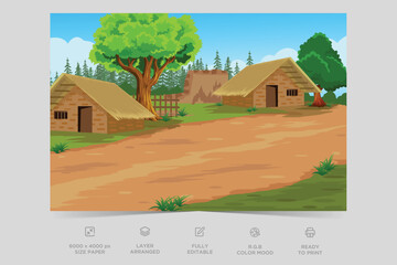Indian Village Background Illustration. Rural mountain landscape and village vector illustration. A beautiful village with farmlands, trees, meadows and with mountains in the background.