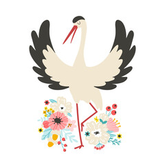 Wide-winged stork with spring flowers. Vector illustration of a bird in a simple cartoon hand drawn style. Isolate on a white background.