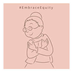 Woman hugs herself. Hands. International Women Day illustrations. Embrace Equity concept. Simple square line art image on pastel background in cartoon doodle style