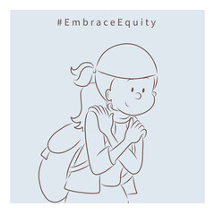 Woman hugs herself. Hands. International Women Day illustrations. Embrace Equity concept. Simple square line art image on pastel background in cartoon doodle style