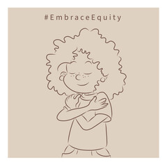 Woman hugs herself. Hands. International Women Day illustrations. Embrace Equity concept. Simple square line art image on pastel background in cartoon doodle style