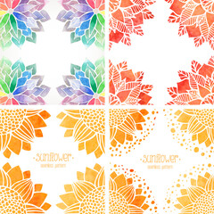 Set of frames, templates, backgrounds with floral pattern, painted stylized red, rainbow flowers and sunflower with watercolor texture