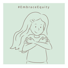 Woman hugs herself. Hands. International Women Day illustrations. Embrace Equity concept. Simple square line art image on pastel background in cartoon doodle style