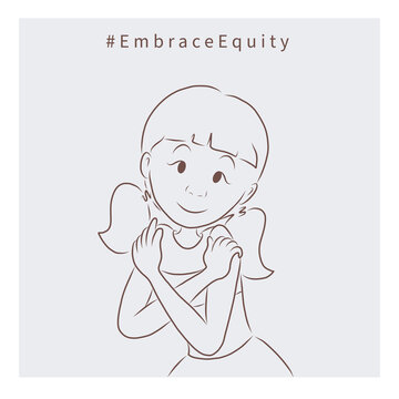Woman hugs herself. Hands. International Women Day illustrations. Embrace Equity concept. Simple square line art image on pastel background in cartoon doodle style