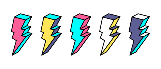 Lightning illustration in trendy retro  style. Cartoon thunderbolt 80s-90s in comic style. Trendy pop art, drawing, sticker for print. Vector isolated on white background.