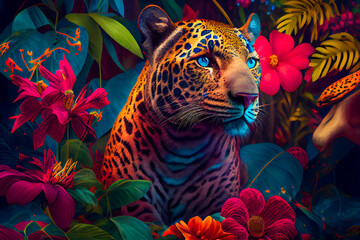 Jaguar in the jungle.  Tropical floral seamless background with Jaguar.  Generative AI. - obrazy, fototapety, plakaty