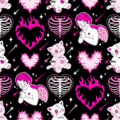 Gothic glam seamless pattern, wallpaper.Y2k lovestruck emo goth concept.Wire, burn hearts, angel, black and pink goth elements on dark background.Vector cool teen backdrop, fabric.90s, 00s aesthetic.
