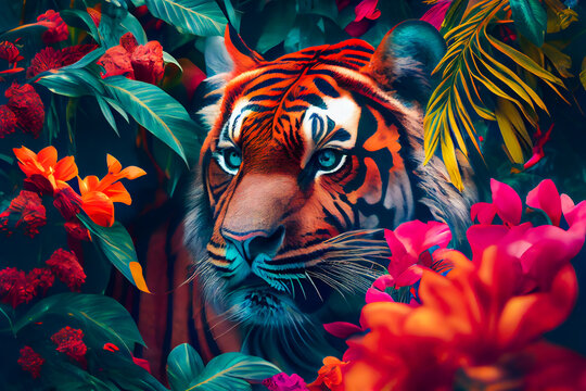 Tiger in the jungle.  Tropical floral seamless background with Tiger.  Generative AI.
