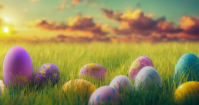 easter eggs in grass panorama, Generative AI Art Illustration 04