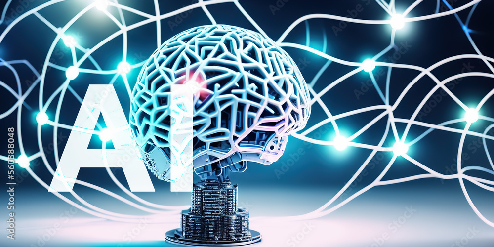 Poster ai digital brain. ai. digital brain shaped with blue neural connection lines and glowing dots. busin