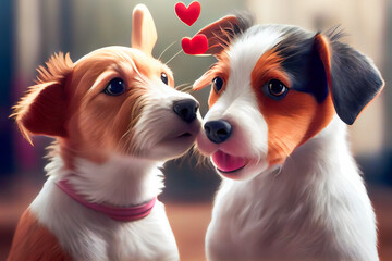 Two Dogs in Love. Romantic background.  Generative AI.