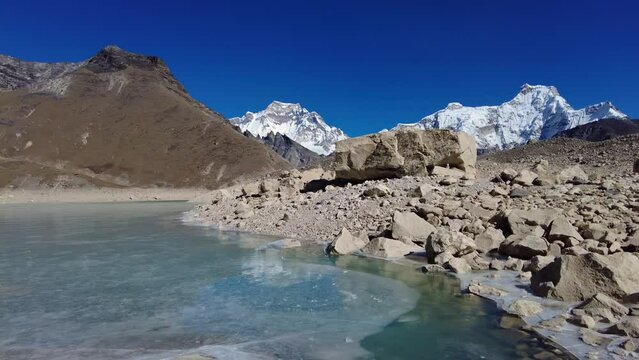 Gokyo, Nepal: Panoramic view of the Gokyo 5th lake, on the way to the Cho Oyu base campe, in the Himalayas in the Khumbu Everest region in Nepal. 