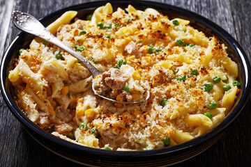 Tuna Mornay in baking dish, top view