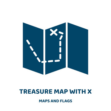 treasure map with x vector icon from maps and flags collection. map filled flat symbol for mobile concept and web design. Black pirate glyph icon. Isolated sign, logo illustration. Vector graphics.