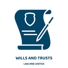 wills and trusts vector icon from law and justice collection. inheritance filled flat symbol for mobile concept and web design. Black law glyph icon. Isolated sign, logo illustration. Vector graphics.