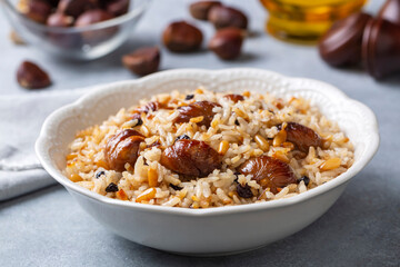 Traditional delicious Turkish food; chestnut rice pilaf (Turkish name; kestaneli pilav)