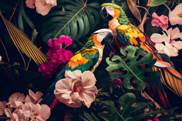 Pattern with beautiful parrots and tropical leaves. Birds background. Generative AI.