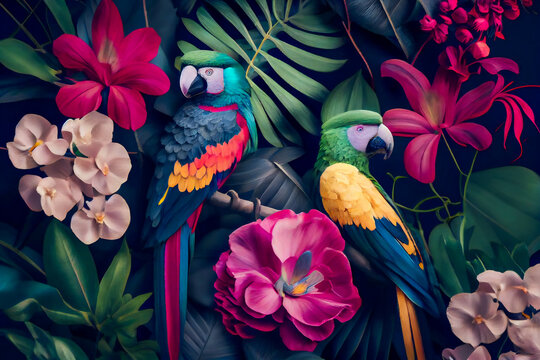 Pattern with beautiful parrots and tropical leaves. Birds background. Generative AI.