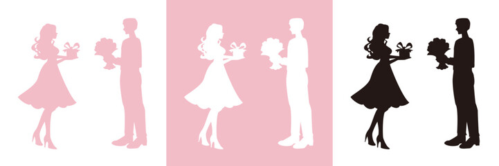 Silhouette Vectors. The woman holds a box of gifts and the man holds a bouquet of flowers. Gifts as an expression of mutual affection. Pink background.Set of color variations.