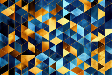 Blue and yellow mosaic pattern, geometric shapes abstract background, watercolor texture imitation created with Generative AI technology