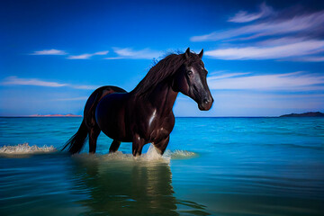 Fototapeta na wymiar Portrait of a horse on a blue sea background. Generative AI.