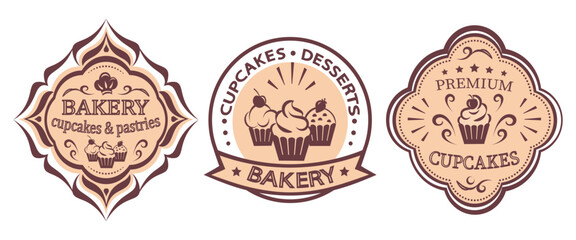 Cupcake bakery label collection, confectionery logo badges, vector emblem design with typography.