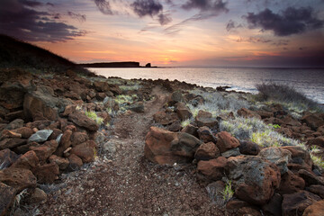 Restored ancient Hawaiian fishing trail at Kapiha`a, Lana`i, Hawai`i