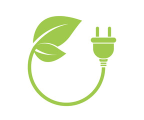 Environmental electric plug with green leaf. Eco electric energy symbol. Ecology charge logo. Nature renewable electricity. Vector illustration.