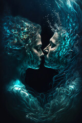 Soulmates encountering each other in a quantum liquid dimension. Generative AI, this image is not based on any original image, character or person.	
