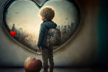 Obraz na płótnie Canvas Boy with heart balloon about to travel looking out of a heart shaped window. Love without borders. Generative AI, this image is not based on any original image, character or person.