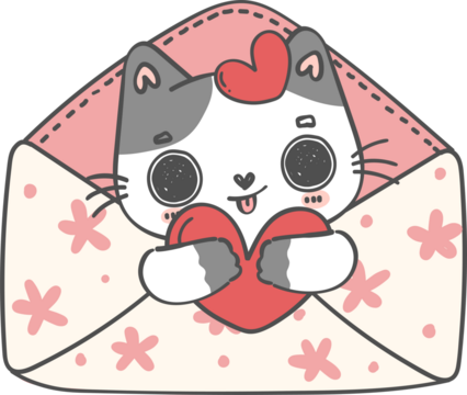 Cute happy smile kitty cat in Love letter cartoon doodle 