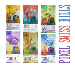 Vector set of pixelated mosaic banknotes of Switzerland. Swiss paper money on an isolated white background. Bills of denomination at 10 before 1000 francs. - obrazy, fototapety, plakaty