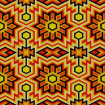 Tribal geometric ornament with Mexican Huichol art style. Native American beading. Ethnic seamless pattern.