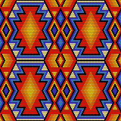 Tribal geometric ornament with Mexican Huichol art style. Native American beading. Ethnic seamless pattern.