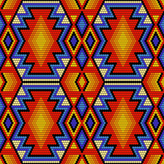 Tribal geometric ornament with Mexican Huichol art style. Native American beading. Ethnic seamless pattern.