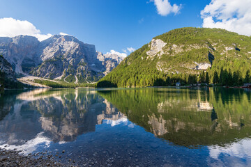 Lake Braies (Lago di Braies or Pragser Wildsee) and the Mountain peak of Croda del Becco or...