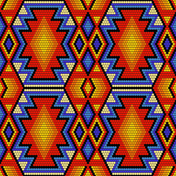 Tribal geometric ornament with Mexican Huichol art style. Native American beading. Ethnic seamless pattern.
