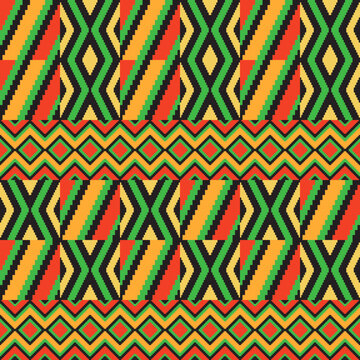 Kente cloth. African textile. Ethnic seamless pattern. Tribal geometric print. 