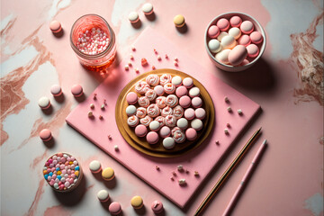 Fototapeta na wymiar a pink marble table with pink and white candies
