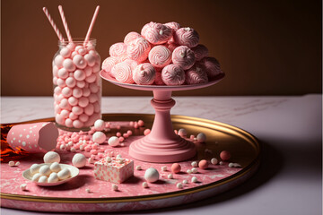 a pink marble table with pink and white candies