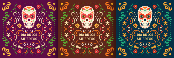 Day of the Dead, Dia de los Muertos. Colorful Mexican cards, posters, banners with flowers and skulls.