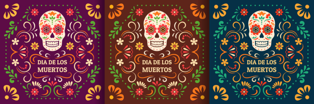 Day of the Dead, Dia de los Muertos. Colorful Mexican cards, posters, banners with flowers and skulls.