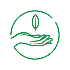 Hand hold a leaf of the plant. Eco friendly symbol. Vector illustration isolated on white background