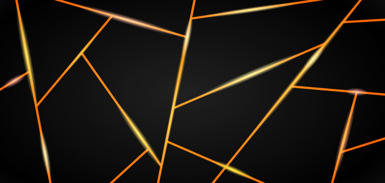 Abstract black background from triangles with bright glowing elements. Vector design backdrop