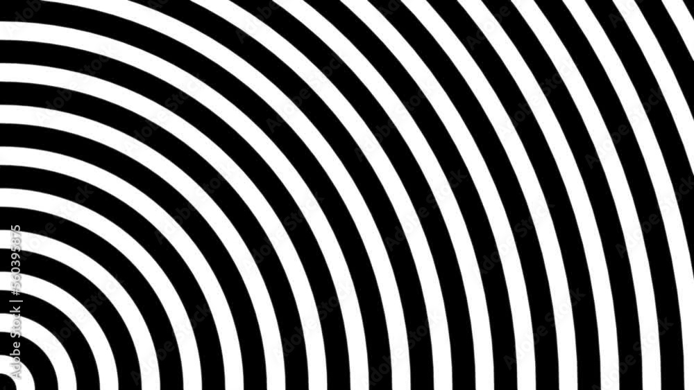 Poster pulsing striped circles coming from left bottom minimal black and white background loop. hypnotic co