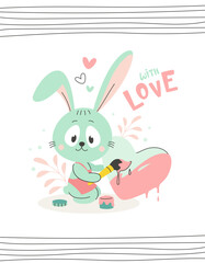 Cute bunny paints a heart. With love. St. Valentine's Day. Animal vector illustration for greeting card, invitation, print