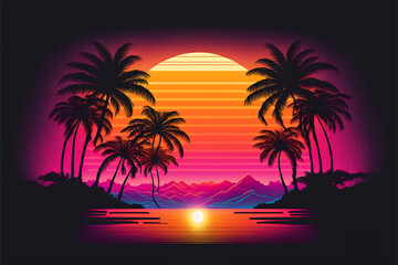 Synthwave sunset, landscape with palm trees, retro wave, generative ai.